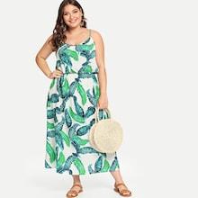 Romwe Plus Cold Shoulder Palm Tree Print Dress