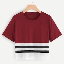 Romwe Striped Panel Round Neck Tee