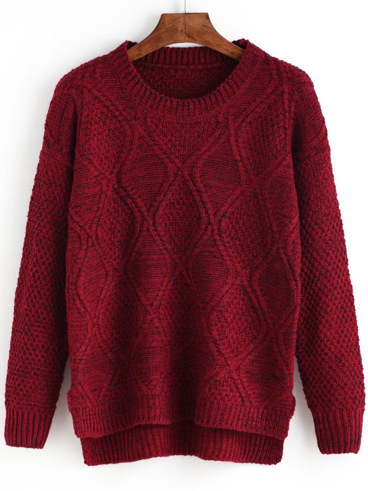 Romwe Dip Hem Diamond Split Maroon Sweater