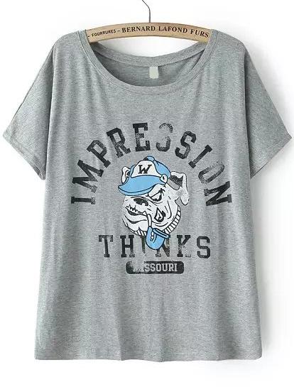 Romwe Dog Letter Print Grey T-shirt