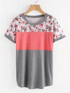 Romwe Contrast Panel Florals Marled Tee