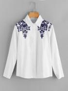 Romwe Floral Embroidered Hidden Button Shirt
