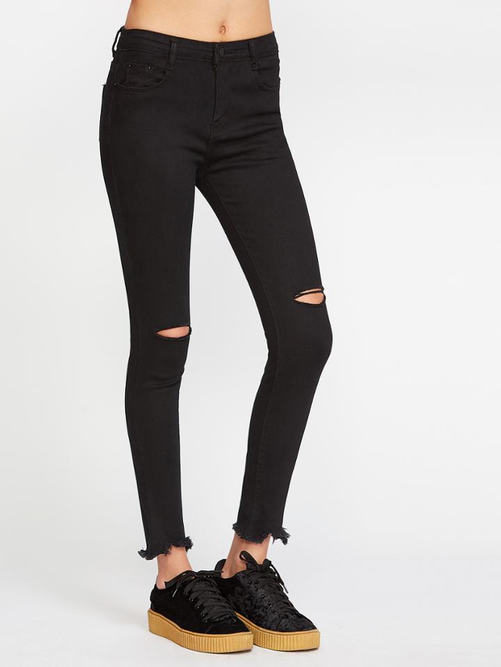 Romwe Black Cut Out Raw Hem Skinny Jeans