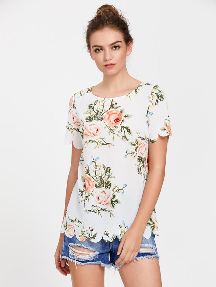 Romwe Flower Print Scallop Edge Top