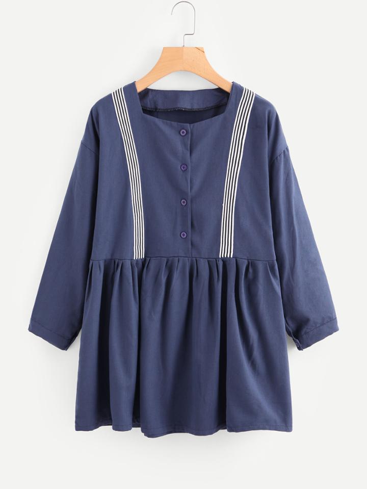 Romwe Striped Tape Single Breasted Top