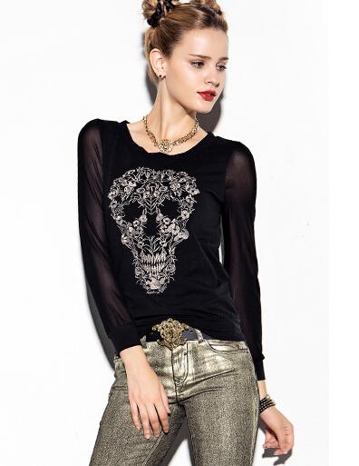 Romwe Black Long Sleeve Skull Embroidered T-shirt
