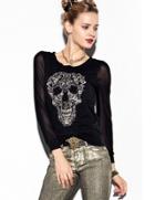 Romwe Black Long Sleeve Skull Embroidered T-shirt