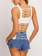 Romwe White Straps Ribbed Lattice-back Tank Top