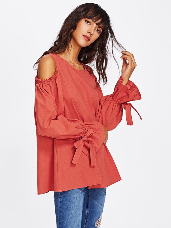 Romwe Open Shoulder Bow Tie Ruffle Sleeve Blouse