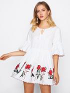 Romwe Keyhole Tie Neck Scalloped Embroidered Dress
