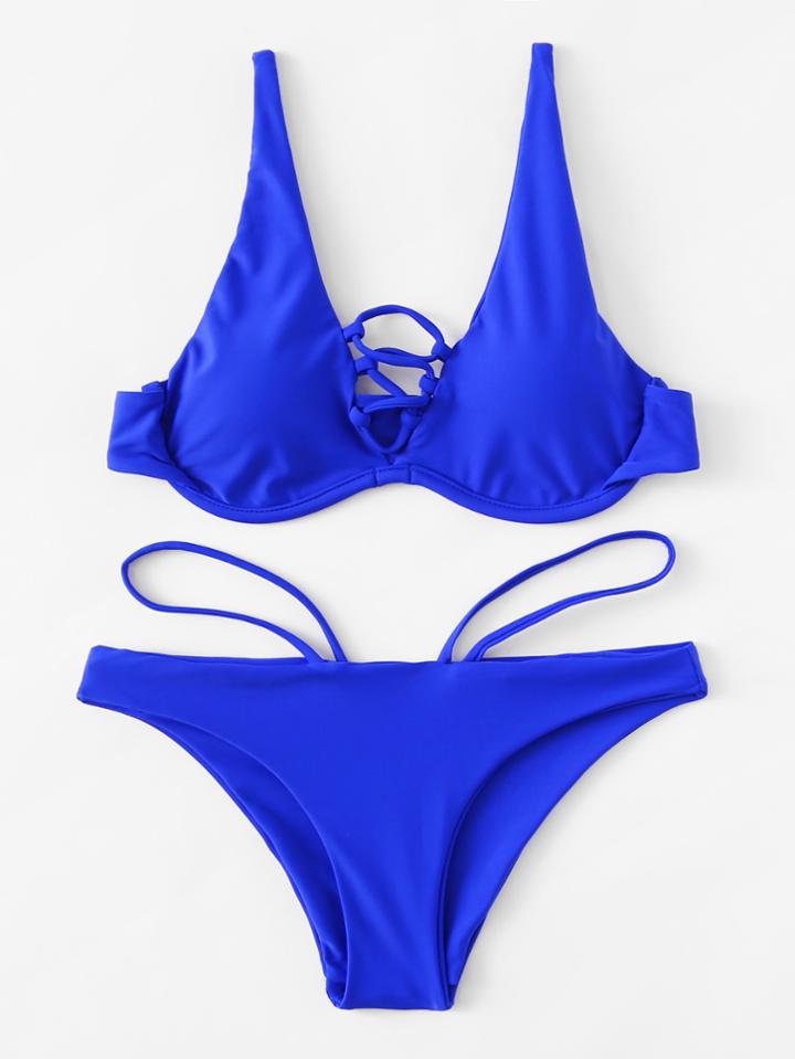 Romwe Criss Cross Adjustable Straps Bikini Set