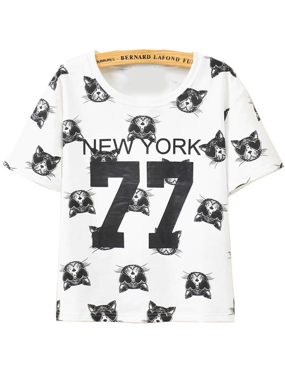 Romwe Cat New York 77 Print T-shirt