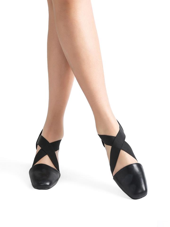 Romwe Black Cross Chunky Heeled Ballet Shoes