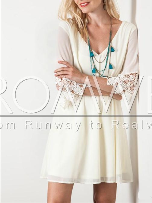 Romwe White Half Sleeve V Neck With Lace Dress