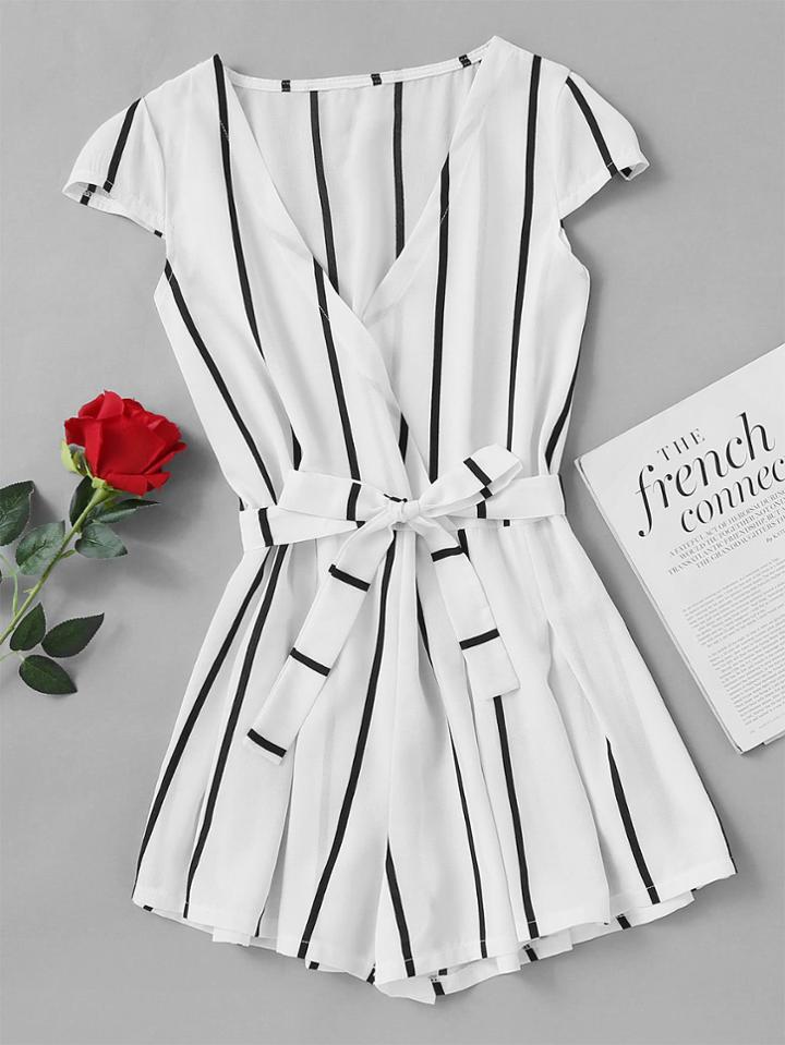 Romwe Vertical Striped Surplice Romper With Belt