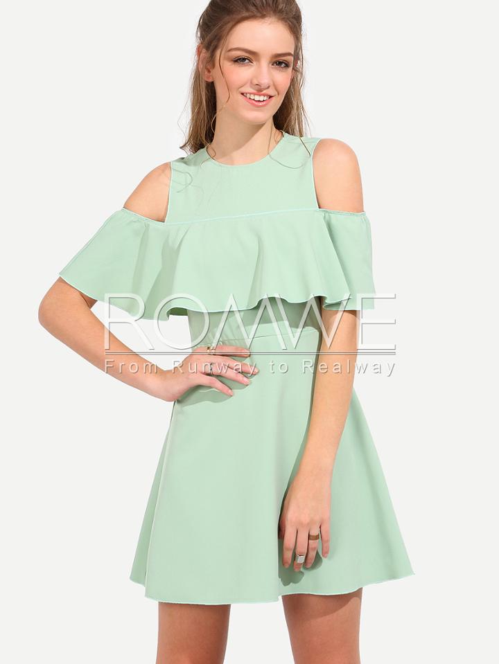 Romwe Green Half Sleeve Cold Shoulder Ruffle Dress