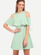 Romwe Green Half Sleeve Cold Shoulder Ruffle Dress