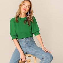 Romwe Puff Sleeve Keyhole Back Top