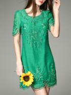 Romwe Green Embroidered Hollow Linen Dress