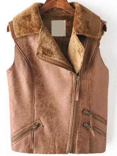 Romwe Lapel Zippers Suede Khaki Vest