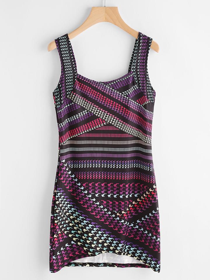 Romwe Allover Printed Random Dip Hem Tank Dress