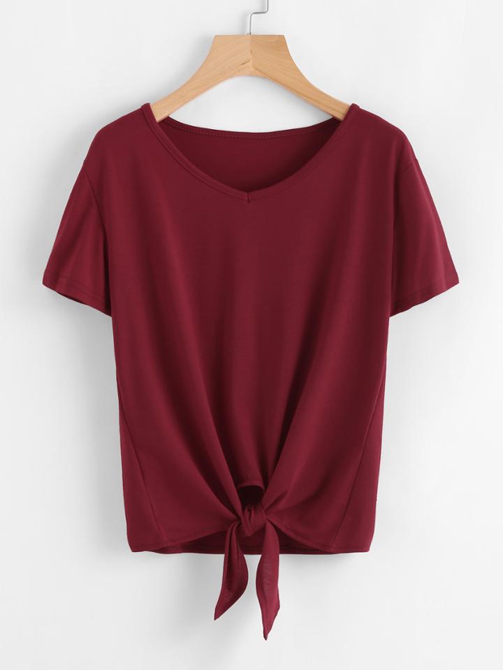 Romwe V Neckline Knot Front Tee