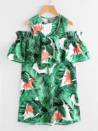 Romwe Random Tropical Print Frill Sleeve Open Shoulder Dress