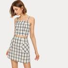 Romwe Plaid Print Shirred Back Cami Top With Skirt