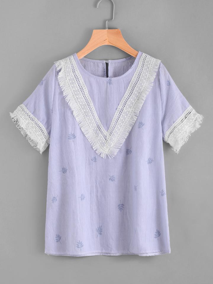 Romwe Vertical Striped Leaves Print Crochet Fringe Blouse