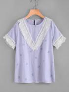Romwe Vertical Striped Leaves Print Crochet Fringe Blouse