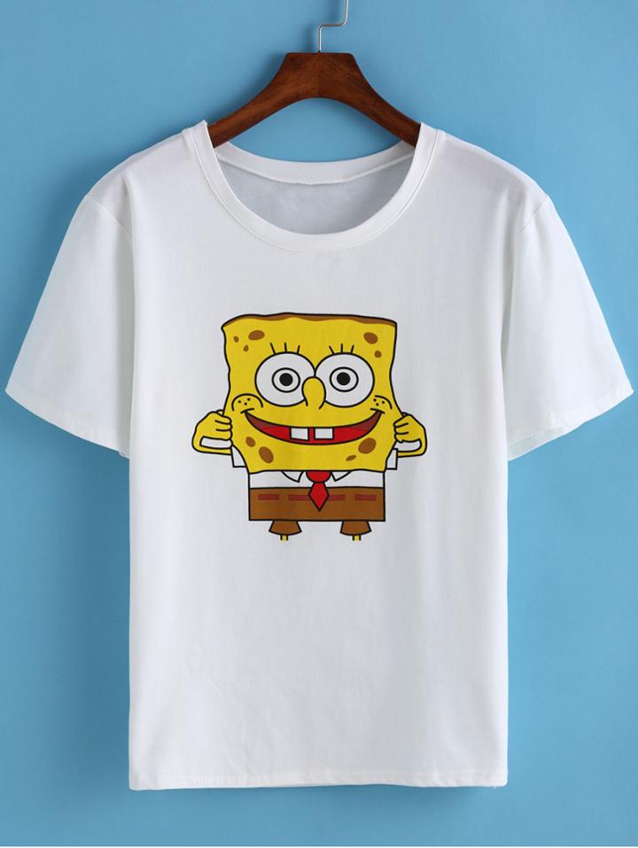 Romwe Spongebob Print White T-shirt