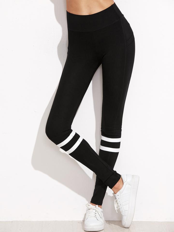 Romwe Black Stripe Trim High Waist Leggings
