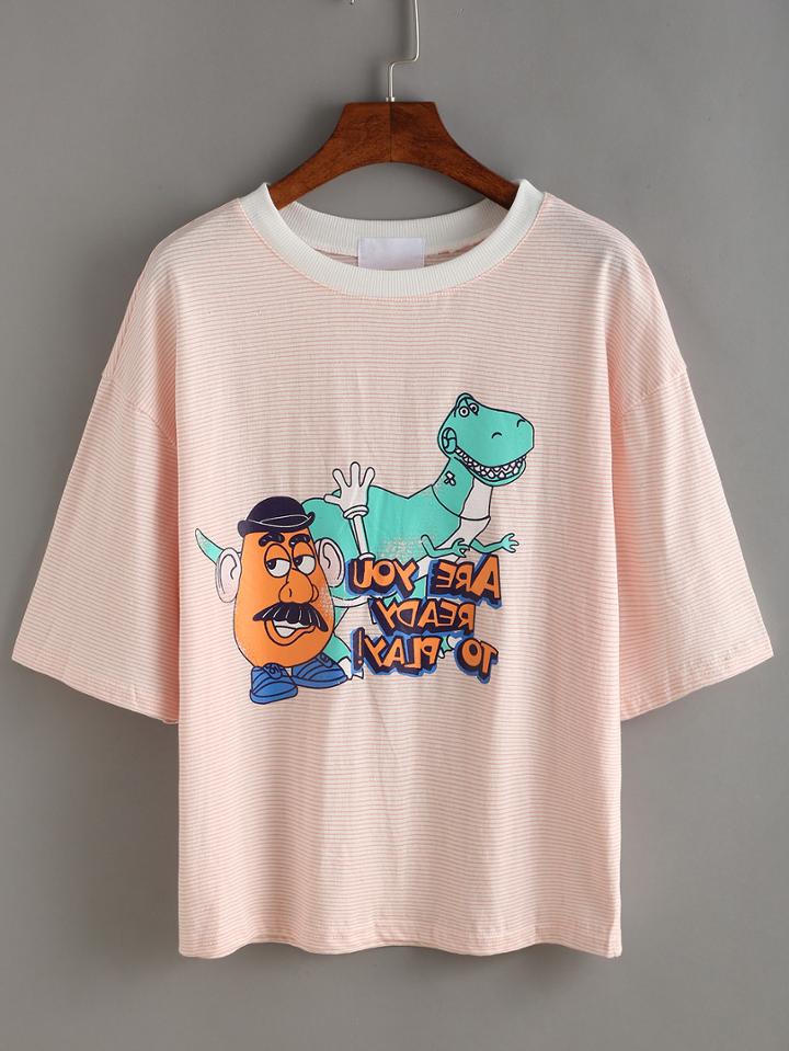 Romwe Striped Comic Print T-shirt