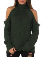 Romwe Army Green High Neck Cold Shoulder Sweater