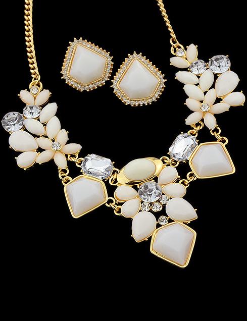 Romwe Pink Gemstone Gold Chain Necklace With Earrings