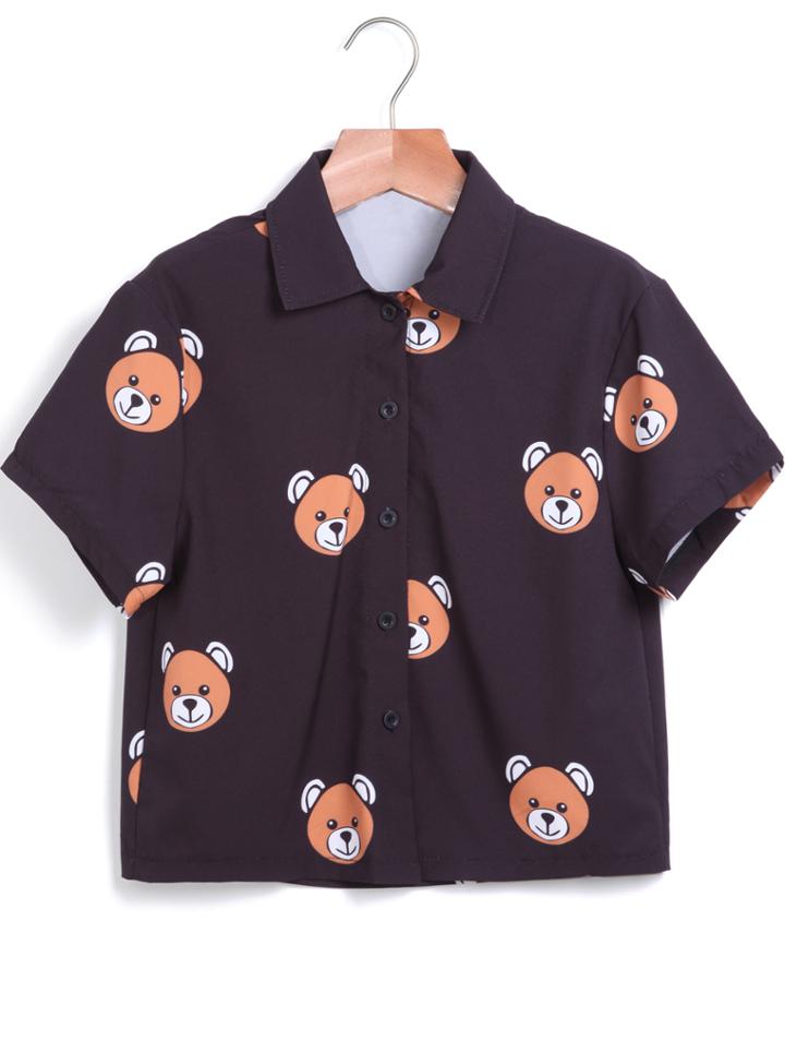 Romwe Lapel Bears Print Crop Black Blouse