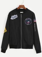 Romwe Black Embroidered Patches Zipper Bomber Jacket