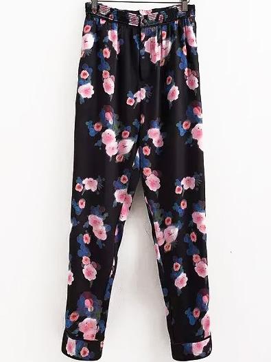 Romwe Elastic Waist Florals Pant