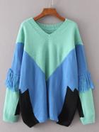 Romwe Fringe Sleeve Color Block Sweater