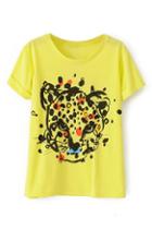 Romwe Romwe Leopard Head Print Yellow T-shirt