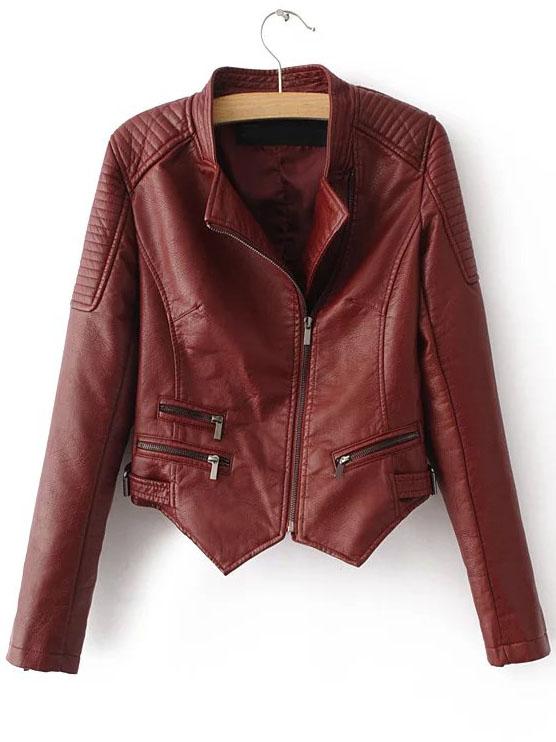 Romwe Brown Oblique Zipper Asymmetrical Crop Pu Jacket