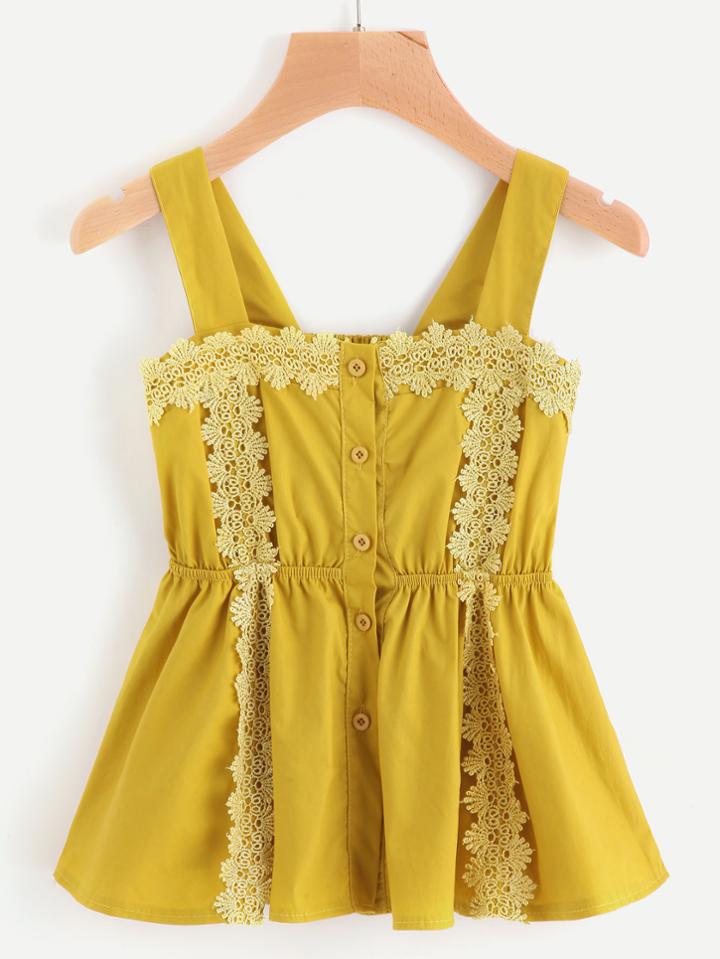 Romwe Single Breasted Lace Trim Elastic Waist Top