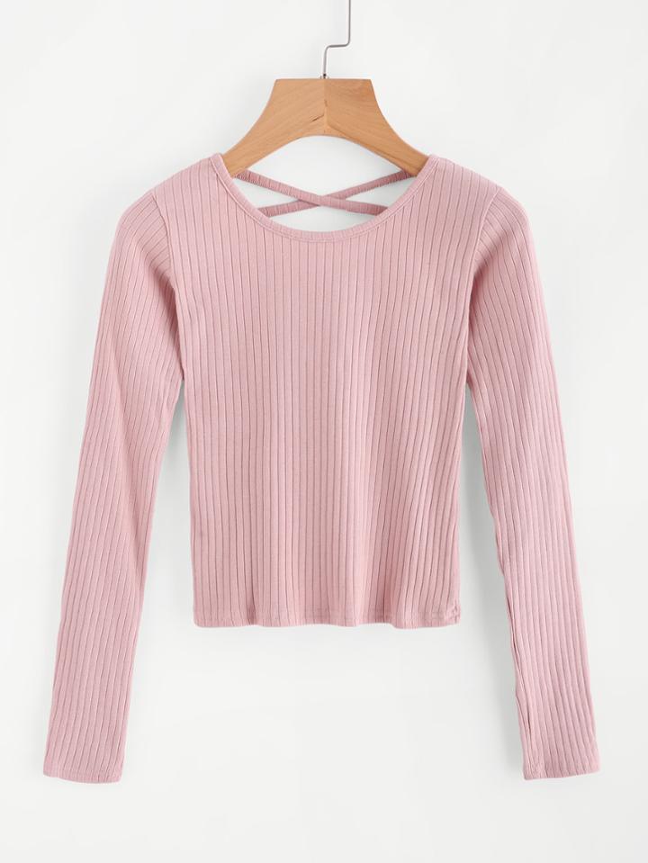 Romwe Criss Cross Back Ribbed Sweater