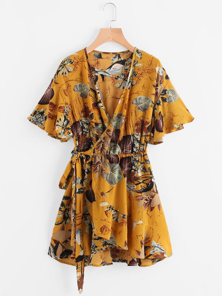 Romwe Ruffle Sleeve Palm Leaf Wrap Tie Waist Dress