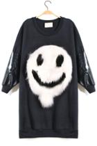 Romwe Faux Fur Smiley Print White Sweatshirt