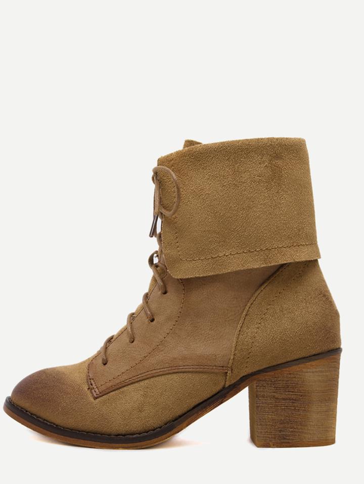 Romwe Brown Faux Suede Lace Up Cork Heel Short Boots