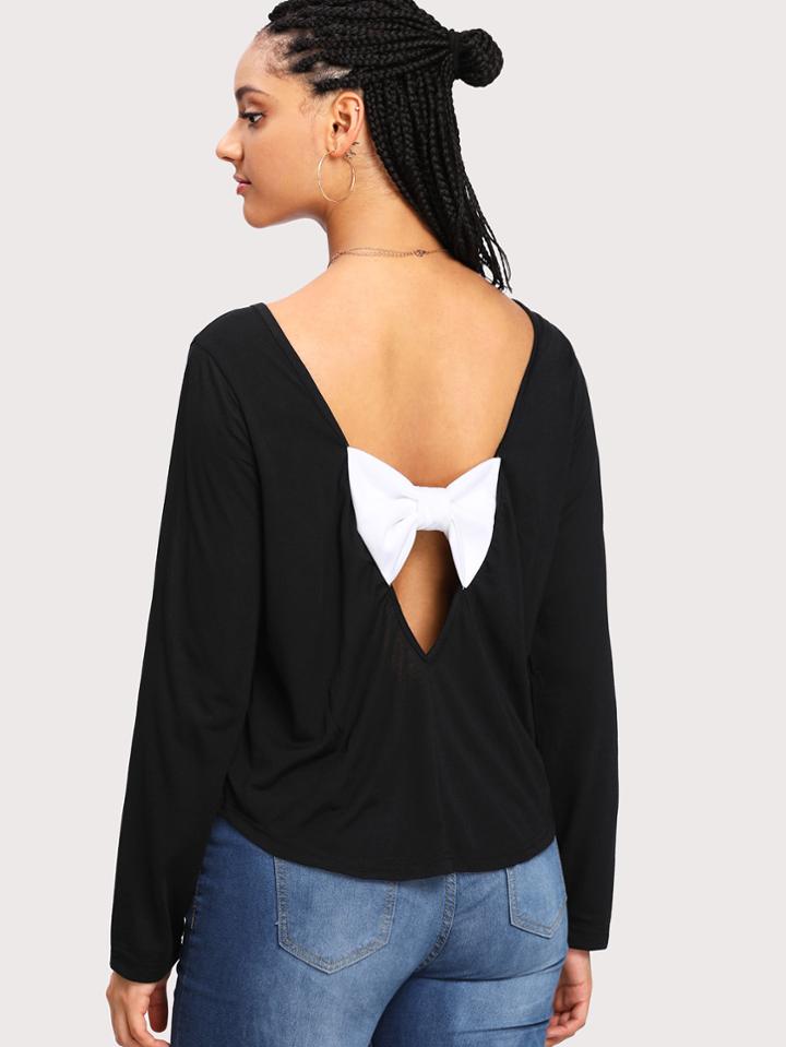 Romwe Bow Detail Cut Out Back Tee