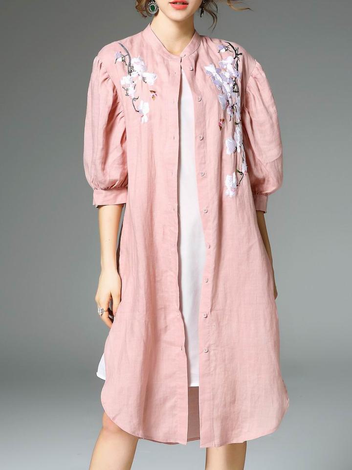 Romwe Pink Embroidered Split Shift Dress