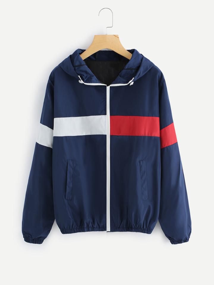 Romwe Letter Print Back Color Block Jacket