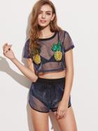 Romwe Sequin Pineapple Patch Iridescent Sheer Top And Shorts Set